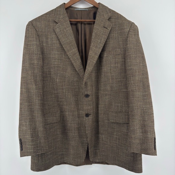 Hickey Freeman Mens Houndstooth Brown Wool Blend Blazer Sport Coat 48 Long